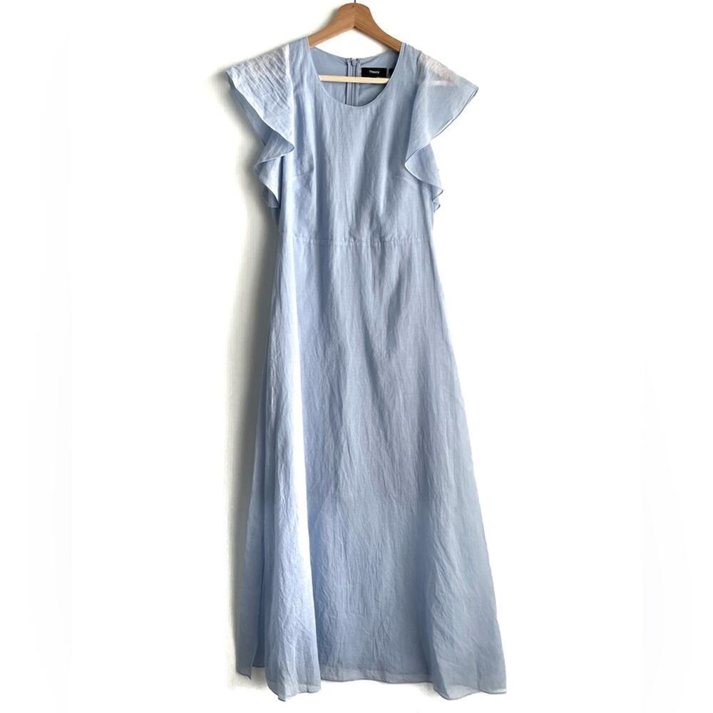 🆕 Theory Organic cotton baby blue midi dress NWT size 2 flowy short sleeves - Picture 2 of 11